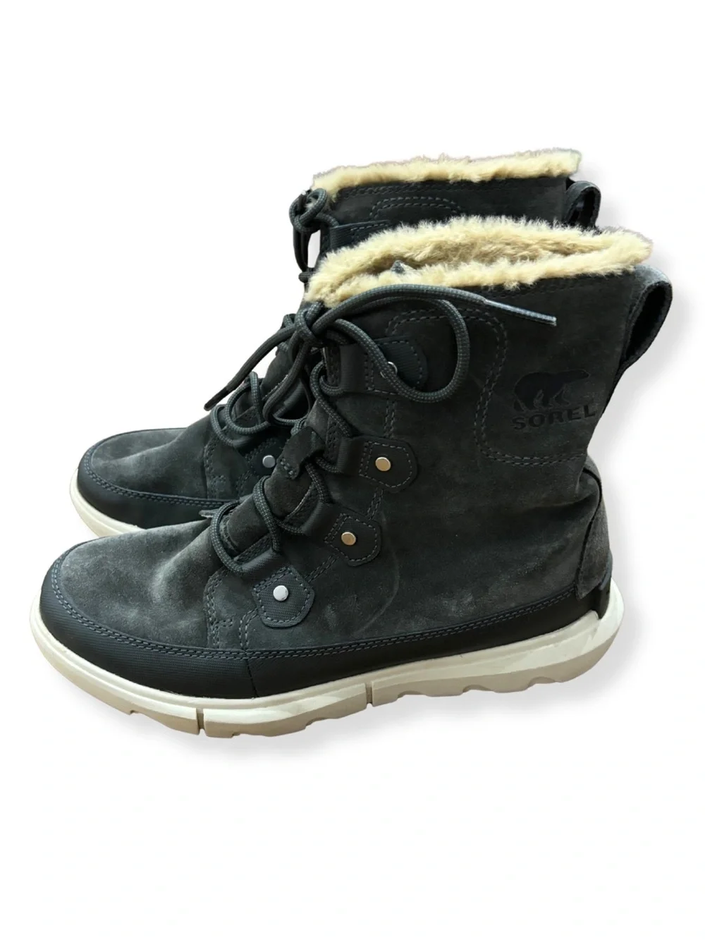 Sorel Explorer Joan Faux Fur Waterproof Boots Women’s Size 8 Charcoal Gray